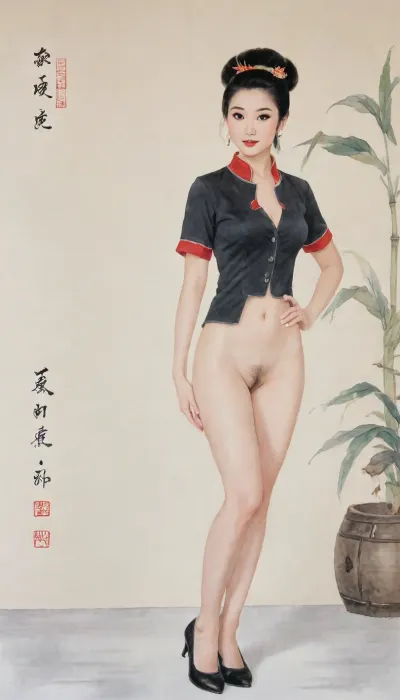 1girl, Chinese female stewardess, (nude, naked:1.5), full body view, (stewardess professional uniform torn open), white short sleeve shirt, dark red waistcoat, dark blue pencile skirt, white underpanties, white bras, (traditional Chinese gongbi painting style:1.3), (Chinese guohua style:1.2), delicate and intricate details, (elegant pose:1.2), (stewardess's black flat heels:1.2), small square scarf, (dense thick pubic hair, embarrassed, shameful expression:1.4), (short black hair, stewardess hairstyle, hair bun:1.3), (pale smooth skin:1.2), (subtle ink wash shading:1.3), (fine brushwork:1.3), (traditional Chinese art aesthetic:1.2), (minimalist background:1.2), (bamboo and orchid motifs:1.1), (soft muted colors:1.2), (calligraphic elegance:1.1), highres, ultra-detailed, 8k wallpaper, (realistic proportions:1.2), (solo:1.2), lora, (gongbiPainting:.8), (ancientChineseFemale:.6), MOGUHUANIAO, <lora:Chinese painting_shinvhua_国画_仕女_V1.0XL:1.9>, <lora:mogu-painting-花鸟篇-sdxl_v1:1.5>