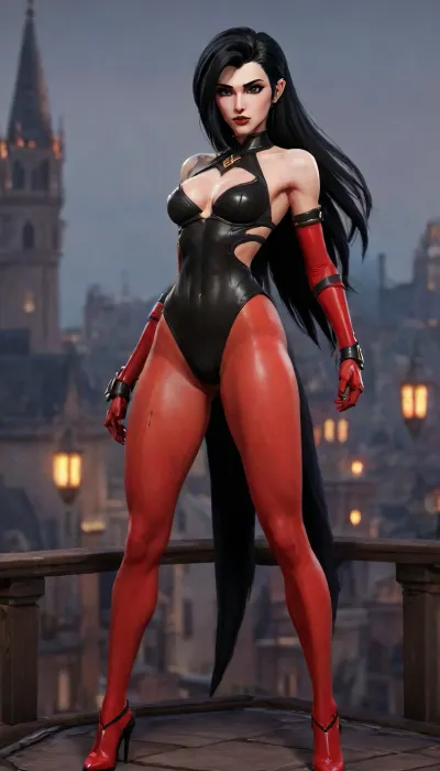 1girl, (rear view), (Full body), (ass view), video game character design, ((dark elf vampire girl)), sexy pose, dynamic pose, (long legs:1.6), (massive hips:.9), (bubble butt:1), medieval fantasy, (dark skin:1.5), kingdome soldier outfit, hot, sexy, (black hair:1.8), black mascara, high heels, red outfit, full lips, wide mouth, black lipstick, black and red, medieval military, exotic outfit, gothic accessories, thick eyebrows, on a roof top, medieval fantasy city in the background, video game graphics, 3d design, 3d graphic, 3d anime, cartoon, Anime, zenless zone zero graphics style, genshin impact graphics style, stylized shader, 3d anime videogame shader, perfect hands, perfect fingers, stylized, very detailed, detailxl, ForniteStyle, arcane, style, zenless zone zero, overwatch, <lora:sxz-texture-sdxl:1>, <lora:OWStyleYeiyeiArt-8:.7>, <lora:arcane_style_xl_v1:1.2>