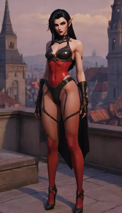 1girl, (Full body), video game character design, ((dark elf vampire girl)), (teasing viewer:1.6), (seducing viewer:1.7), sexy pose, dynamic pose, (long legs:1.6), (massive hips:.9), (bubble butt:1), medieval fantasy, (dark skin:1.5), kingdome soldier outfit, hot, sexy, (black hair:1.8), black mascara, high heels, red outfit, full lips, wide mouth, black lipstick, black and red, medieval military, exotic outfit, gothic accessories, thick eyebrows, on a roof top, medieval fantasy city in the background, video game graphics, 3d design, 3d graphic, 3d anime, cartoon, Anime, zenless zone zero graphics style, genshin impact graphics style, stylized shader, 3d anime videogame shader, perfect hands, stylized, very detailed, detailxl, ForniteStyle, arcane, style, zenless zone zero, overwatch, <lora:sxz-texture-sdxl:1>, <lora:OWStyleYeiyeiArt-8:.7>, <lora:arcane_style_xl_v1:1.2>