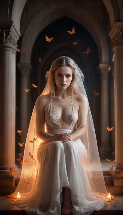seductive priestess in transparent robe, sitting in gothic crypt, surrounded by glowing orange moths, black and white environment, high contrast, cinematic gothic fantasy, soft light, erotic tension, spiritual mood