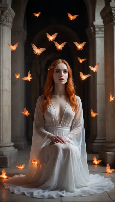seductive priestess in transparent robe, sitting in gothic crypt, surrounded by glowing orange moths, black and white environment, high contrast, cinematic gothic fantasy, soft light, erotic tension, spiritual mood