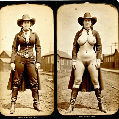 1870s, (((1870s beautiful female cowgirl))), amateur model, beautiful face, amateur photo, brunette hair, attractive, 28 years old, (((picture taken with Daguerreotype camera:1.5))), (large natural saggy boobs:1.1), natural saggy boobs, (hairy pussy:1.4), (full body in view), straight hair, ponytail hairdo, (same person, same pose, same angle), (2Split screens, 2split views, onoff:1.2), (wearing 1870s cowgirl outfit), (western town background), BREAK, <lora:OnoffXL_ExtraCrispy:.7>