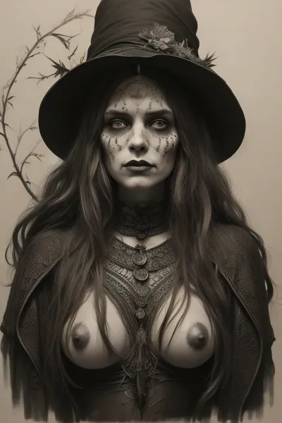 A detailed, sepia-toned Gothic-style drawing. It depicts a toplees witch with long, wavy hair, wearing a pointed, leaf-decorated hat and a tattered cloak. Her face is painted grotesque. Surrounding her are skulls, bats, and twisting, thorny vines, creating a macabre, eerie atmosphere. The background is densely filled with intricate, organic patterns. Dark, mystical atmosphere. topless. #©KITTYART

























#©KITTYART