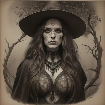 A detailed, sepia-toned Gothic-style drawing. It depicts a toplees witch with long, wavy hair, wearing a pointed, leaf-decorated hat and a tattered cloak. Her face is painted grotesque. Surrounding her are skulls, bats, and twisting, thorny vines, creating a macabre, eerie atmosphere. The background is densely filled with intricate, organic patterns. Dark, mystical atmosphere. topless. #©KITTYART

























#©KITTYART