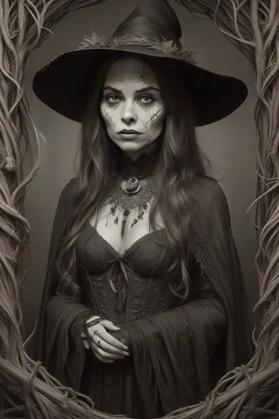A detailed, sepia-toned Gothic-style drawing. It depicts a toplees witch with long, wavy hair, wearing a pointed, leaf-decorated hat and a tattered cloak. Her face is painted grotesque. Surrounding her are skulls, bats, and twisting, thorny vines, creating a macabre, eerie atmosphere. The background is densely filled with intricate, organic patterns. Dark, mystical atmosphere. topless. #©KITTYART

























#©KITTYART