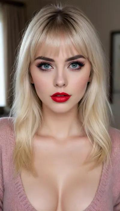 beautiful French woman, ((no pubic hair)), very long shaggy Platinum blonde hair with bangs, looking at the viewer, sultry expression, fashion makeup, red lipstick, perfect eyes, winged eyeliner, heavy eyeliner and black eyeshadow, long fake eyelashes, full lips, wearing a fuzzy black sweater showing cleavage, (8k, RAW photo, best quality, masterpiece:1.4)