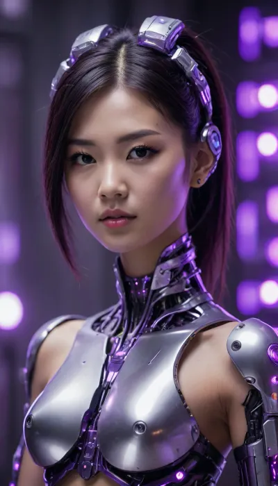 ((Asian cyborg girl:1.5)), (electronic ear, robotic arms with purple lights, robotic legs with purple lights, robotic feet with purple lights), many cuts and scars, purple bellybutton stud, many earrings
