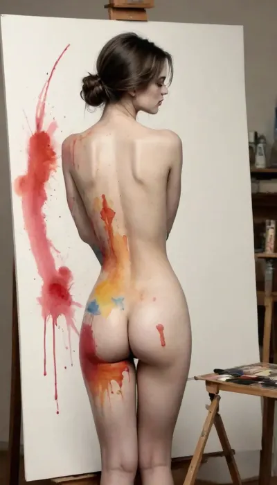 (style of watercolor and ink on pure cotton paper), 1920s theme, (black and white ink drawing scene of front nude woman who is painting her body at an easel), ((the image on the canvas is a vibrant woman with paint brush in various styles and colors)), drawix22, dwx22, <lora:Ink_and_watercolor_sketch:1.5>, <lora:watercolor_v1_sdxl:1.4>, <lora:drawix22:1>