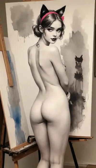 (style of watercolor and ink on pure cotton paper), 1920s theme, (black and white ink drawing scene of front nude woman who is a furry painting at an easel), ((the image on the canvas is a vibrant woman with cat ears1 in various styles and colors)), drawix22, dwx22, <lora:Ink_and_watercolor_sketch:1.5>, <lora:watercolor_v1_sdxl:1.4>, <lora:drawix22:1>