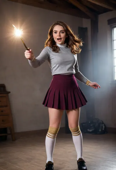 Whoremione Granger, dynamic pose, holding a glowing wand, bright white light radiating outward, expression of joy, long dark brown hair, (dark purple/maroon pleated mini-skirt), (gray top with gold accents), (white thigh-high socks), toned abdomen, exposed midriff, dimly lit background, slightly chaotic attic setting