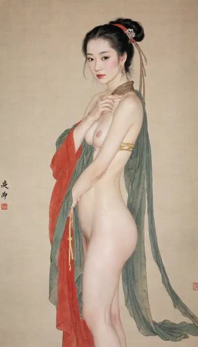 Chinese Gongbi painting style, ultra-detailed, intricate brushwork, vivid colors, historical scene, (Song dynasty royal woman 18+, long black hair:1.2), naked, nude, vivid yet somber colors, year 1127, Jingkang Incident, Princess Roufu Zhao Duofu, Emperor Huizong's most beloved file, 18 years old, fair skin like jade, eyes like stars, usually elegant and beautiful, (now disheveled with hair loose, torn clothing exposing her shoulder, half nude, naked, hands bound behind her back with rough hemp rope:1.3), messy long hair, a dirty raw sheepskin draped over her shoulder, (neck tied with a long rope, rope collar around neck:1.2), held by an ancient ethnic minority soldier in traditional costume, (shameful embarrassed submissive surrender expression, crying, tears, head bowed:1.2), dim lighting with eerie shadows, subtle ink wash details, vibrant reds and greens fading into muted grays, historical accuracy, dramatic composition historical accuracy, cinematic composition historical accuracy, cinematic composition, lora, (gongbiPainting:.8), (ancientChineseFemale:.6), hanfu, MOGUHUANIAO, <lora:Chinese painting_shinvhua_国画_仕女_V1.0XL:1>, <lora:mogu-painting-花鸟篇-sdxl_v1:1.8>