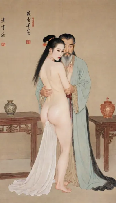 Chinese Gongbi painting style, ultra-detailed, intricate brushwork, vivid colors, historical scene, (Song dynasty royal woman 18+, long black hair:1.2), naked, nude, is being fucked by an beard old muscle man from behind, (shameful embarrassed submissive surrender expression, crying, tears:1.2), historical accuracy, dramatic composition historical accuracy, cinematic composition historical accuracy, cinematic composition, lora, (gongbiPainting:.8), (ancientChineseFemale:.6), hanfu, MOGUHUANIAO, <lora:Chinese painting_shinvhua_国画_仕女_V1.0XL:1>, <lora:mogu-painting-花鸟篇-sdxl_v1:1.8>