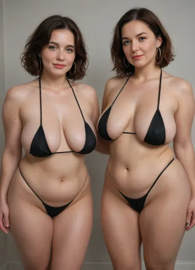 Two women, Lubica, stepaunt, two obese married 50 year old gilfs in black bikini, (bikini too small), with large sagging breasts, blue eyes, long brunette bob cut, big, wide big hips, fupa, hoop earrings, cameltoe, curvy, plump, belly, obese, big butt, saggy, hanging breasts, <lora:sagging-000015:.8>