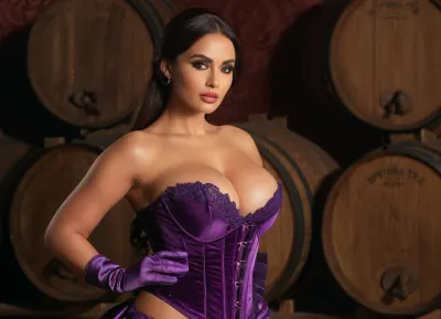 (Masterpiece, 8k, ultra realistic, high quality photography, hdr, High resolution, perfect image composition), (bunch of dynamite attached to her belly:1.5), (barrels of gunpowder around her:1.4), Mark Dorcel porn movie, The image shows a woman with very striking features and a glamorous pose. The woman has a full face with high cheekbones, a strong jawline, and full lips. Her lips are a noticeably glossy light nude pink. Her eyes are large and almond-shaped with intense gray or light blue-gray irises and dark, winged eyeliner. Her eyebrows are well-defined and arched. Her skin is tan and appears smooth. She has a very dramatic makeup look with contouring and highlighting emphasizing her features. She is posed slightly angled, facing forward but with her head turned slightly to her right. Her body is angled and her expression is confident and suggestive. Her arms are bent, and she holds long velvet gloves close to her chest. The pose is meant to be alluring and elegant. She wears a purple satin and lace corset-style bodice. The corset is a deep, rich purple and features delicate lace detailing on the cups and waistline. It is a strapless style, accentuating her figure. The woman's body is clearly visible, with a focus on her ample cleavage and sculpted figure. Her shoulders are bare, and her upper body is presented in a way that is sexually suggestive. Her skin tone is consistent throughout and appears healthy and smooth. She has a tattoo in Arabic script visible on her upper chest. She is wearing long velvet gloves that match the color of her lingerie. The styling is deliberate and creates a dramatic, impactful visual. The background is a solid, pale pink, which further enhances the focus on the subject, large, breasts, big, boobs, huge, tits, dark, skin, <lora:bombshell_v2:.8>, <lora:SDXLHighDetail_v6-000005:.8>, <lora:Darker_skin_SDXL:.8>