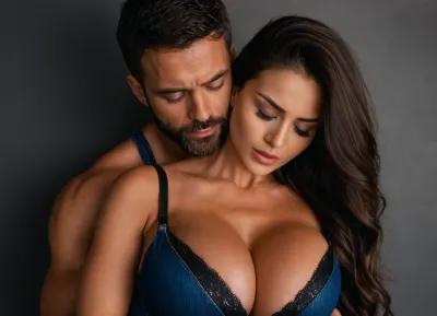 (Masterpiece, 8k, ultra realistic, high quality photography, hdr, High resolution, perfect image composition), Mark Dorcel porn movie, Eye-level, medium shot of a shirtless man carrying a woman in his arms., (((Man, He is muscular and has dark hair and a beard. He's wearing blue jeans. His expression is intense and focused on the woman:1.3), (Woman, She has long, dark brown hair and is wearing a black bra and blue jeans. Her eyes are closed, suggesting intimacy. She's draped over the man, her body relaxed against his body:1.4))), The couple is clearly intimate and close. The man is holding the woman securely, while she seems relaxed and comfortable in his arms. Their gazes meet, indicating a strong connection. The background is blurred shows a bright modern space with large windows allowing in natural light. composition and body language of the couple create a sensual and romantic scene, large, breasts, big, boobs, huge, tits, dark, skin, <lora:bombshell_v2:.8>, <lora:SDXLHighDetail_v6-000005:.8>, <lora:Darker_skin_SDXL:.8>