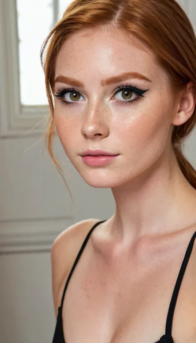 A ginger haired 21yo college student beauty, woman, completely naked, slim petite body with natural hourglass body shape, realistic skin, long opened straightened hair, straight hair, sporty, innocent smile, large bright eyes, innocent face, cute face, very naturally pretty face, stunning beautiful, cutest girl in town, (prelonged black eyeliner, eyeliner trick makes the eyes look bigger, natural bright ginger eyebrows:1.5), (full body in frame:1.4)