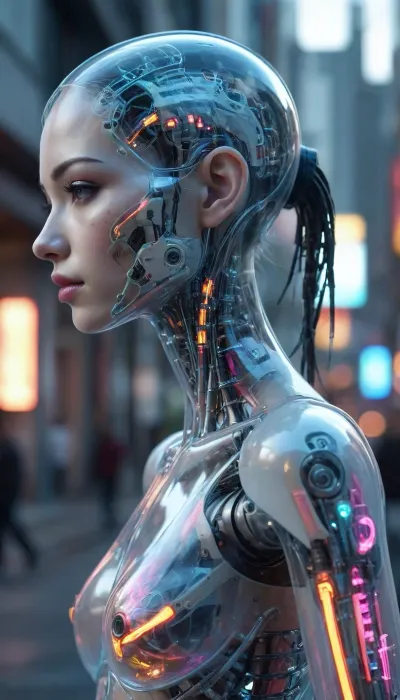 ((Asian cyborg girl with transparent skull with visible wires and plasma inside her skull:.8)), human face with many scars, robotic skeleton, showing robotic feet, walking in cyberpunk city, side view, <lora:PAseer-SDXL-Transparent Robot:.5>