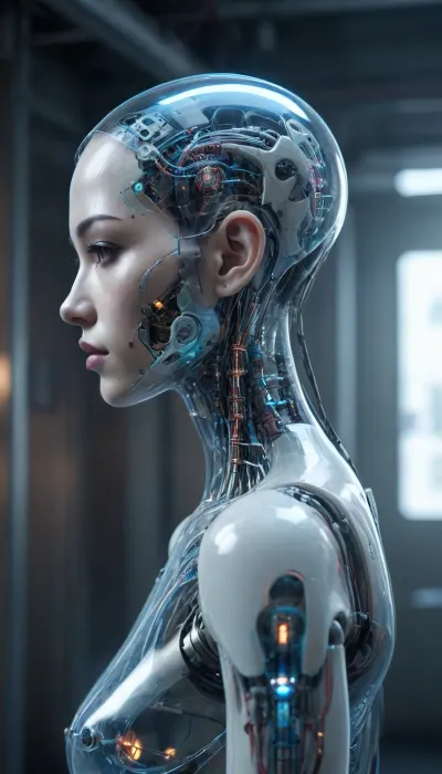 full-body portrait, ((Asian cyborg girl with transparent skull with visible wires and plasma inside her skull:.8)), human face with many scars looking to the side, robotic skeleton, showing robotic feet, walking in cyberpunk city, <lora:PAseer-SDXL-Transparent Robot:.5>