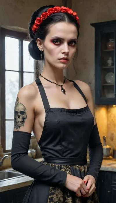 A RAW photo, Ivan Bilibin Style, a woman Looks like a angry Goth Housekeeper, close up, standing in kitchen, ((view from behind)), (((looking on viewer))), ((eyes contact)), full body view, ((partially naked)), (in black scull print apron), (in yellow ribbon gloves), an airbrush painting, by Luis Royo, michael whelan and karol bak, (((angry goth housekeeper with red glow eyes))), ((scull jewelry)), symmetrical epic fantasy art, art style hr giger and beksinski, fantasy skull, boris vallejo and tom bagshaw, cute face. dark fantasy, colorful, high detail, impeccable image quality, ultrarealism, Ivan, Bilibin, Style, page, microskirt, extremely, short, skirt, <lora:Ivan Bilibin Style:.8>, <lora:MicroSkirt_XL:.8>, <lora:xl_more_art-full_v1:.8>, Photography, stvmccrr, style, <lora:stvmccrr:.8>, glove, <lora:adjusting glove XL-v1:.8>