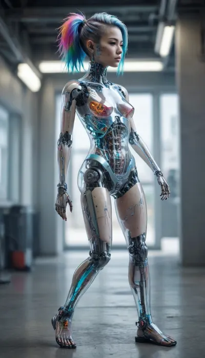full-body portrait, ((Asian cyborg girl with transparent skull with visible wires and plasma inside her skull:.8)), human face with many scars looking to the side, robotic skeleton, fake hair, showing robotic feet, walking in cyberpunk city, <lora:PAseer-SDXL-Transparent Robot:.5>