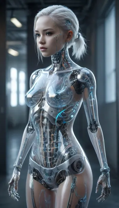 full-body portrait, ((Asian cyborg girl with transparent skull with visible wires and plasma inside her skull:.8)), human face with many scars looking to the side, robotic skeleton, platinum hair, showing robotic feet, walking, cyberpunk city, <lora:PAseer-SDXL-Transparent Robot:.5>