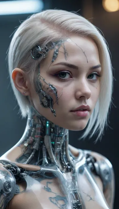 full-body portrait, ((Asian cyborg girl with transparent skull with visible wires and plasma inside her skull:.8)), human face with many scars and some platinum hair looking to the side, robotic skeleton, many tattoos, showing robotic feet, walking in cyberpunk, <lora:PAseer-SDXL-Transparent Robot:.5>