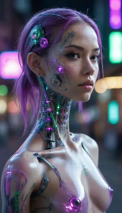 full-body portrait, ((Asian cyborg girl with transparent skull with visible wires and plasma inside her skull:.8)), human face with many scars looking to the side, robotic skeleton with pink lights and green lights, many tattoos, show robotic feet with purple lights, walking in cyberpunk street, <lora:PAseer-SDXL-Transparent Robot:.5>