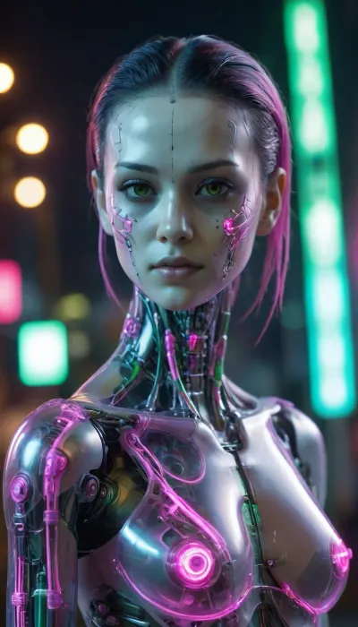 full-body portrait, ((Asian cyborg girl with transparent skull with visible wires and plasma inside her skull:.8)), human face with many scars looking to the side, robotic skeleton with pink lights and green lights, walking on cyberpunk street, <lora:PAseer-SDXL-Transparent Robot:.5>