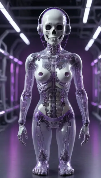 ((Asian cyborg girl, transparent skull with visible wires and tubes)), (visible robotic toes with purple lights), walking and showing robotic toes, <lora:PAseer-SDXL-Transparent Robot:.5>