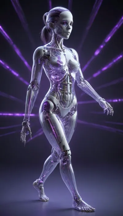 ((Asian cyborg girl, transparent skull with visible wires and tubes)), (visible robotic toes with purple lights), walking and showing robotic toes, <lora:PAseer-SDXL-Transparent Robot:.5>