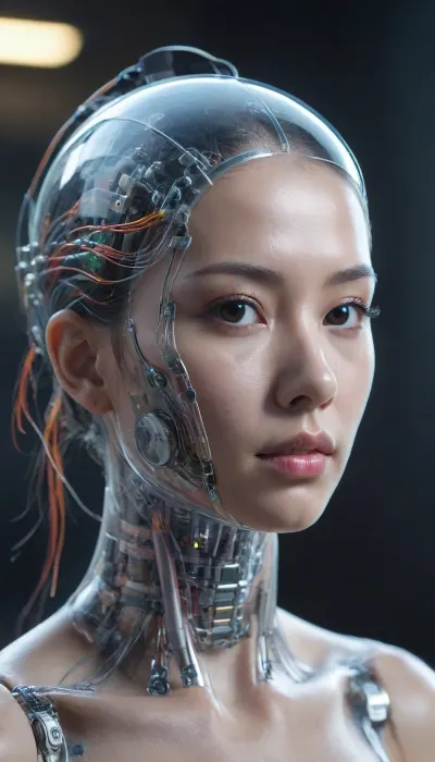 ((Asian cyborg girl with transparent head with visible wires and tubes and plasma inside her skull)), <lora:PAseer-SDXL-Transparent Robot:.5>