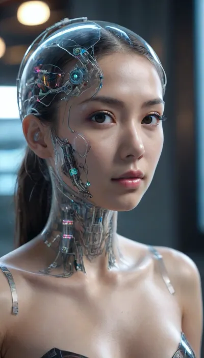 ((Asian cyborg girl with transparent head with visible wires and tubes and plasma inside her skull)), many face scars, visible robotic feet with lights, many tattoos, (30B perky breasts), walking and showing robotic feet, <lora:PAseer-SDXL-Transparent Robot:.5>