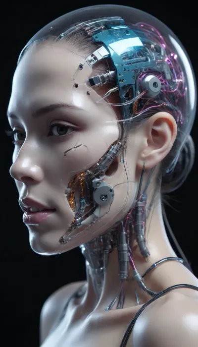((Asian cyborg girl with transparent skull with visible wires and tubes and plasma inside her skull)), many scars on her face, visible robotic feet with lights, walking and showing robotic feet, <lora:PAseer-SDXL-Transparent Robot:.5>