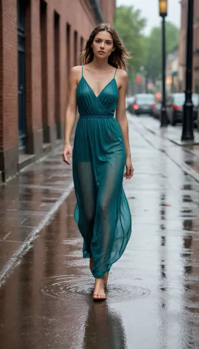 Woman in teal gown walking in rainy city street. Caucasian woman, mid-20s, barefoot, wearing a flowing, teal-colored gown with a spaghetti strap back. Expression is pensive, and her pose is slightly melancholic. She carries her heels in her hands, and steps through puddles of rain, reflecting light. The city street is paved with a light gray and brown stone-like material, wet from the heavy rain, with reflective surfaces. Heavy rain is falling, creating vertical streaks of light against a darker backdrop. Strong light sources highlight puddles, creating a dramatic contrast of light and shadow. The overall style is impressionistic, with visible brushstrokes, soft focus, and painterly textures. Atmospheric and melancholic, the mood is evocative of a rainy city scene. The composition is centered on the figure. The woman is positioned in the mid-ground, with a brick wall in the background and a warm light source subtly reflected in the rain. A small leaf rests near discarded shoes, adding a touch of realism to the scene. Details are carefully rendered in rich colors and textures.