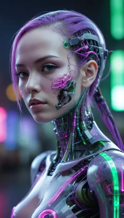 ((Asian cyborg girl with transparent skull with visible wires and plasma inside her skull:.8)), human face with many scars looking to the side, robotic skeleton with pink lights and green lights, cyberpunk street, show purple feet lights, <lora:PAseer-SDXL-Transparent Robot:.5>