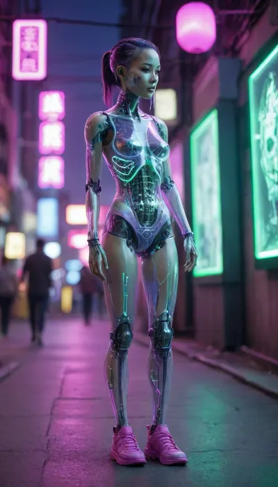 zoomed out full body portrait, ((Asian cyborg girl with transparent skull with visible wires and plasma inside her skull:.8)), human face with many scars looking to the side, robotic skeleton with pink lights and green lights, walking on cyberpunk street, show purple shoes, <lora:PAseer-SDXL-Transparent Robot:.5>