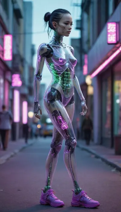 zoomed out full body portrait, ((Asian cyborg girl with transparent skull with visible wires and plasma inside her skull:.8)), human face with many scars looking to the side, robotic skeleton with pink lights and green lights, walking on cyberpunk street, show shoes with purple lights, <lora:PAseer-SDXL-Transparent Robot:.5>