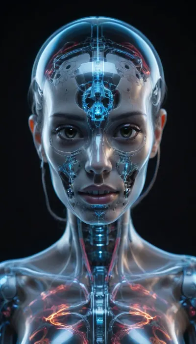 zoomed out full body portrait, ((Asian cyborg girl with transparent skull with visible wires and plasma inside her skull:.8)), <lora:PAseer-SDXL-Transparent Robot:.5>