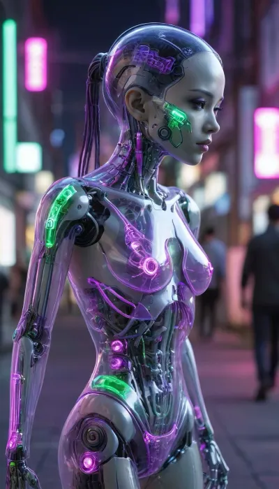 zoomed out full body portrait, ((Asian cyborg girl with transparent skull with visible wires and plasma inside her skull:.8)), human face with many scars looking to the side, robotic skeleton with pink lights and green lights, walking on cyberpunk street, show robotic feet with purple lights, <lora:PAseer-SDXL-Transparent Robot:.5>