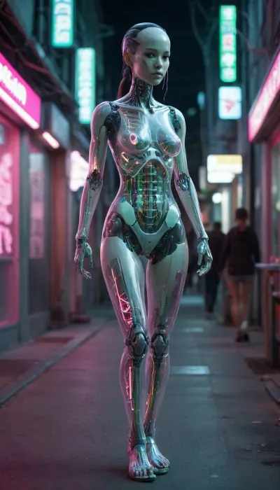 zoomed out full body portrait, ((Asian cyborg girl with transparent skull with visible wires and red plasma inside her skull:.8)), human face with many scars looking to the side, robotic skeleton with pink lights and green lights, walking on cyberpunk street, show robotic toes, <lora:PAseer-SDXL-Transparent Robot:.5>