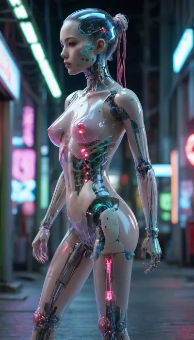 zoomed out full body portrait, ((Asian cyborg girl with partial transparent skull with visible wires and red plasma inside her skull:1)), human face with many scars looking to the side with long platinum wires hanging from the head, robotic skeleton with pink lights and green lights and blue lights, walking on cyberpunk street showing robotic feet, showing ass looking back, side view showing breast, show robotic feet with lights under feet, <lora:PAseer-SDXL-Transparent Robot:.5>