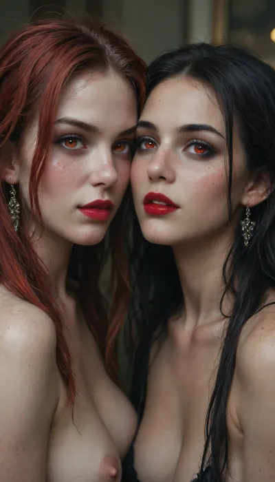 Nuit éternelle

- Oui.

Dans l'ombre des vampires, deux sœurs de 18 ans, aux longs cheveux noirs et arc-en-ciel frappants, se sont distinguées. Portant du rouge à lèvres rouge, ils avaient des taches de rousseur, un eyeliner noir et de longs cils noirs qui semblaient briller dans la lumière faible. Leurs yeux, un rouge perçant, rappelaient leur nature de sous-espèces. Ensemble, ils ont navigué dans un monde où le style était à la fois leur arme et leur armure.