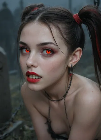 La morsure de minuit

- Oui.

AI a généré l'image de deux vampires de 18 ans dans un cimetière sombre. On a des cheveux noirs avec des queues de porc arc-en-ciel, du rouge à lèvres et des yeux rouges brillants. L'autre porte une ombre noire, un visage triste et un cul serré en chaînes. Ils sont liés en chaînes, leurs crocs tranchants et parfaits. Leur style est sous-espèce.