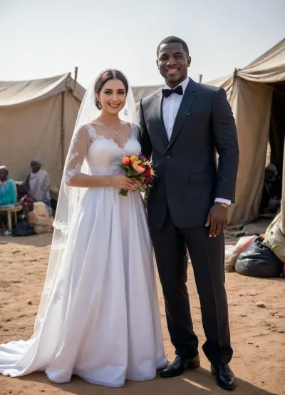 interracial, super giant and large black dicks.
A heartfelt wedding scene of an Iranian slut bride and cuckold groom in a Nigerian refugee camp. The super busty slut bride wears a modest yet elegant micro slutty Persian wedding dress, with delicate embroidery and a soft veil. The groom is dressed simply but neatly, reflecting dignity despite humble surroundings.

The setting is outdoors within the camp, surrounded by makeshift tents and sparse belongings. Fellow refugees, black skin men, gather around smiling warmly, some holding handmade decorations. The atmosphere is filled with a mix of hope, resilience, and cultural pride.

Soft natural lighting highlights the couple’s joyful expressions, capturing the beauty of love and unity amid hardship and displacement., huge, cock, anime, hugest, man, ever, cumming, 80sc1nemat1c5tyle, <lora:add-detail-xl:1>, <lora:255484_training_data:1.1>, <lora:80s_Cinematic_Style:1.1>