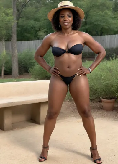 55 year old, tall athletic, full figured, negro, dark skin, ebony, (african-american:2), milf, wearing high heels and cowboy hat, <lora:DetailedEyes_V3:.5>, <lora:polyhedron_all_sdxl-000004:.5>, bikini, red, gold, black, <lora:neiyi1_XL_reg0_:.8>