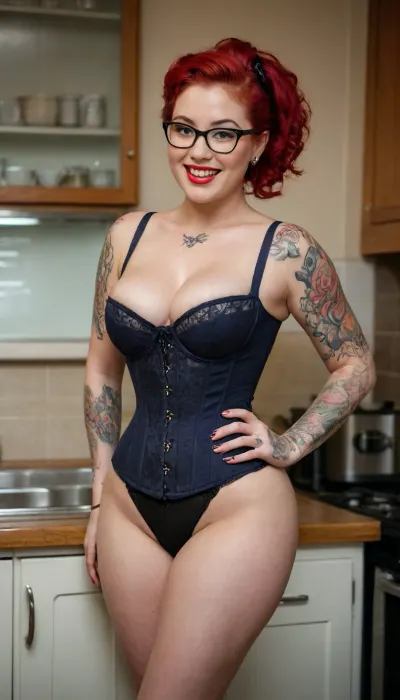 Professional photo of one smiling voluptuous curvy wife with lots of tattoos, 1950s era red hair, wearing corset lingerie, kitchen background, looks like the sexiest korean woman alive wearing thick glasses, one woman