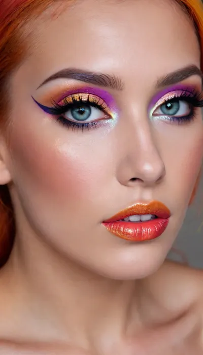 ziprealism, (smug, expressive eyes), (makeup model, extravagant makeup, glam makeup, bold makeup), (rainbow hair, multicolor hair, eye catching hairstyle), (rainbow eyeshadow, rainbow eyeliner, vivid lipstick, heavy eyeshadow, shimmering eyeshadow, metallic eyeshadow:1.4), (rainbow face paint), (cheek dimples, sharp chin, chiseled cheekbones, triangular face, full lips), (hyper-feminine facial features), (intimate esthetic, tight closeup, award winning portrait, Dutch Angles), (sharp focus, focus on eyes, perfect eyes), vibrant colors, high saturation, catchlights, detailed eyes, sitting in front of window, streaming sunlight, off the shoulder, natural skin texture, soft bokeh, <lora:add-detail-xl:.8>