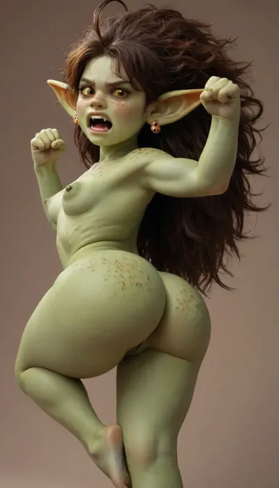 shrek, 1girl, ahoge, angry, big hair, body blush, (body freckles:1.2), breasts, brown hair, clenched hands, colored sclera, colored skin, completely nude, earrings, fangs, female goblin, fewer digits, freckles, freckles on ass, goblin, (green skin:1.3), hands up, jewelry, knee up, large areola, long hair, long pointy ears, looking at viewer, messy hair, nipples, nude, open mouth, orange eyes, pointy ears, (saggy pussy:1.1), cosplay, simple background, small breasts, solo, teeth, very long hair, yellow sclera, side view, (green skin:1), (green pussy:1), (green areola:1), (buble butt:1.2)