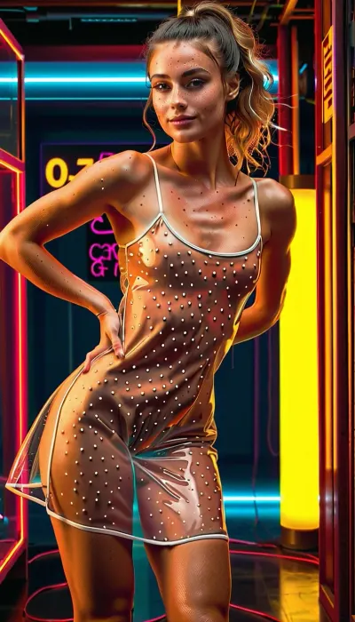 1 very cute girl, 21 years old, student, communist workers, very slim well build body, fitness ass, sports legs, very lots of freckles face, very lots of freckles head, very lots of freckles body, sexy, beautifull, deeply seamless tanned, thigh gaps, shaved pussy, with a perfect face, detailed face, (detailed hair, light hairstyle:1.1), no makeup, oiled skin, horny face, cute smile, hypnotized eyes, perfect eyes, ((dressed very cute very vet transparent summer dress)), very much want have sex, dancing in night club, dark night club, colored lights around., artxldnc, <lora:artfullyXLDANCE_SDXL_V:.8>, <lora:Dance_Art:.8>, cyberpunk, d4nc3, club, <lora:cyberpunk_d4nc3_club:.8>