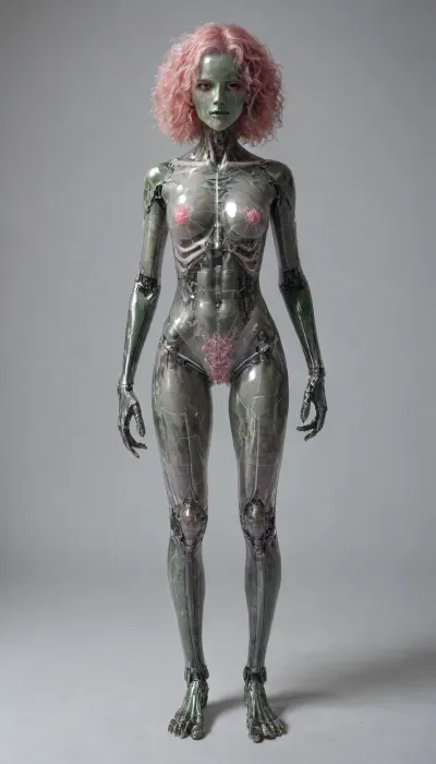 zoomed out full body portrait, ((Asian cyborg girl, transparent skull with visible wires and tubes and plasma:1)), (transparent pink and green robotic arms), robotic skeleton with visible LED robotic organs, many face scars and many tattoos, <lora:PAseer-SDXL-Transparent Robot:.5>